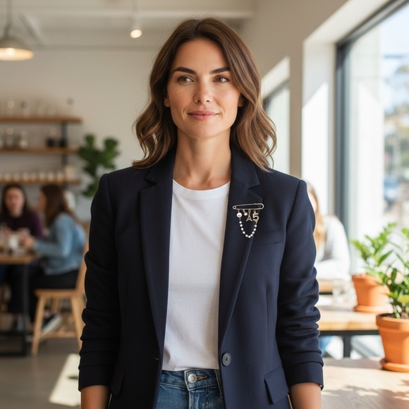 Gold Pearl & Crystal Eiffel '5' Charm Safety Pin Brooch - Picture 3 of 4